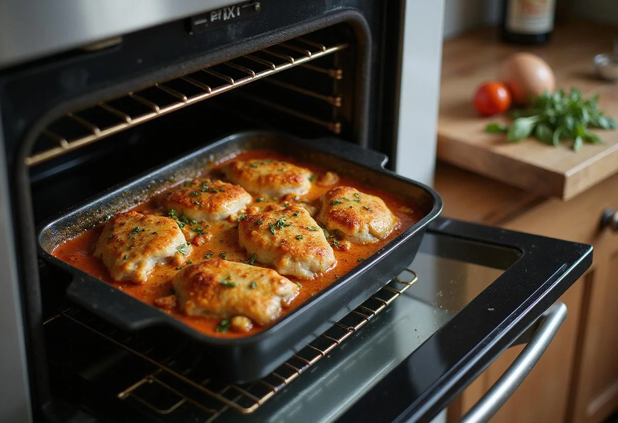 Baking Chicken Chesapeake in the oven, showcasing a deliciously golden-brown dish.