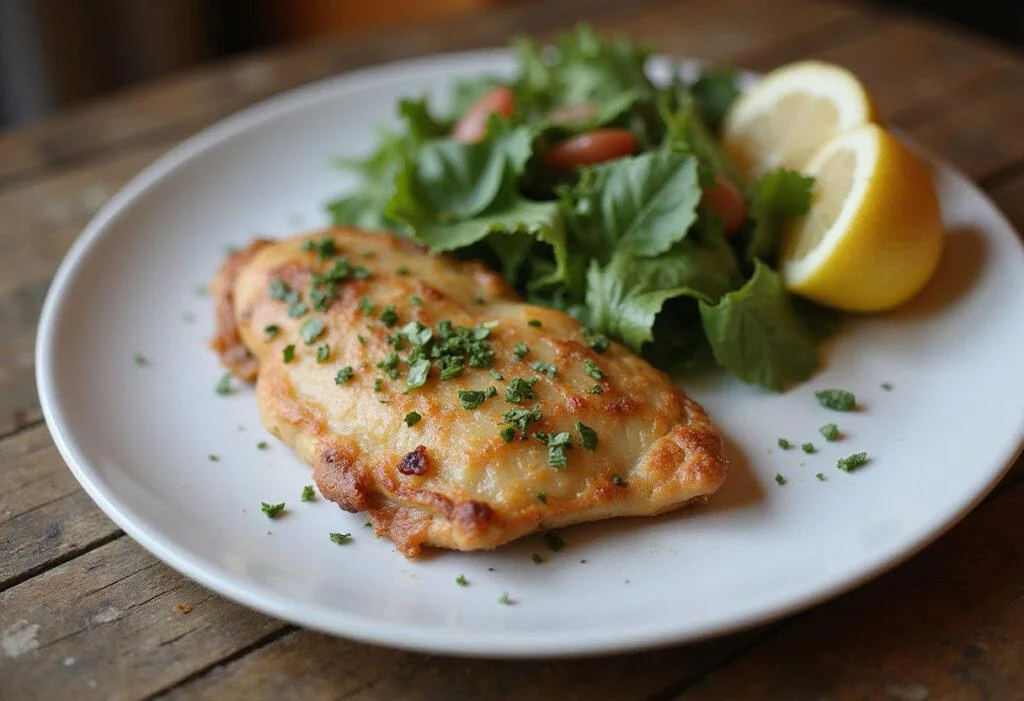 Delicious chicken escalope served with salad and lemon wedges, perfect for a meal.
