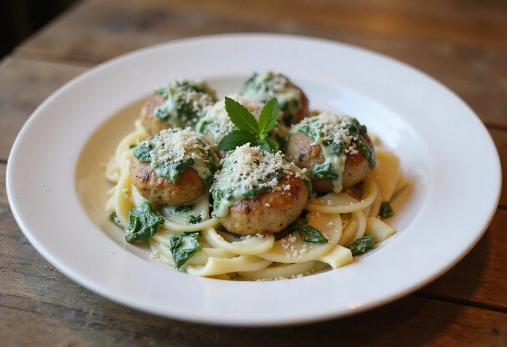Delicious chicken ricotta meatballs with spinach Alfredo sauce plated and garnished. The dish looks inviting and appetizing, perfect for a family meal.