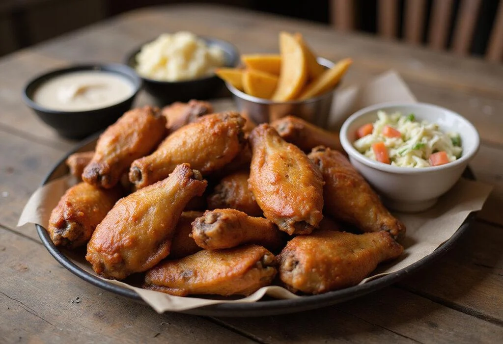 A stunning presentation of chicken wings with an array of perfect side dishes; coleslaw, mashed potatoes, and potato wedges for a complete meal.