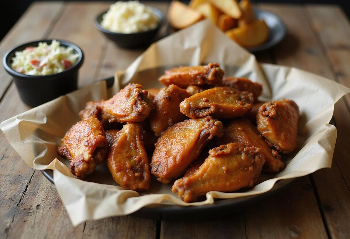 A stunning presentation of chicken wings with an array of perfect side dishes; coleslaw, mashed potatoes, and potato wedges for a complete meal.