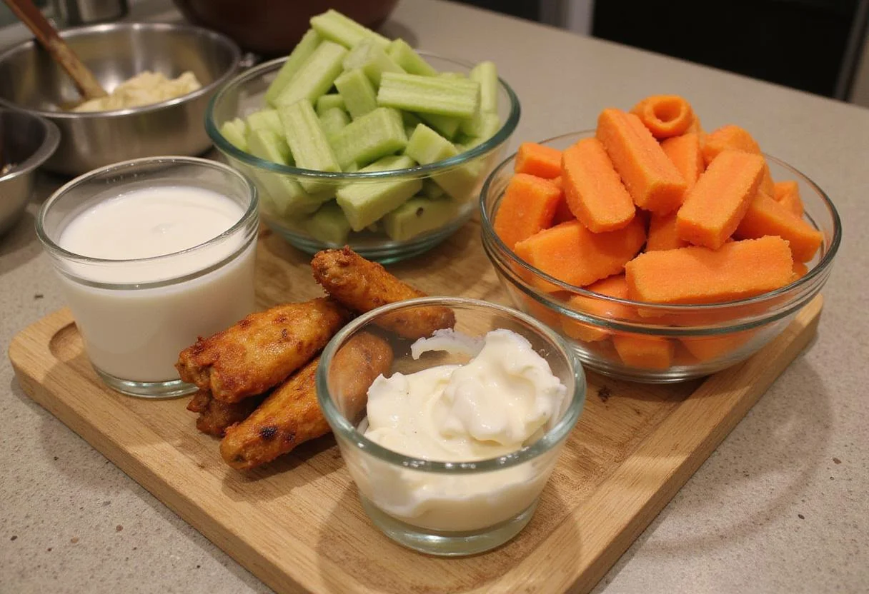 Fresh ingredients for side dishes for chicken wings; celery and carrots ready for preparation.