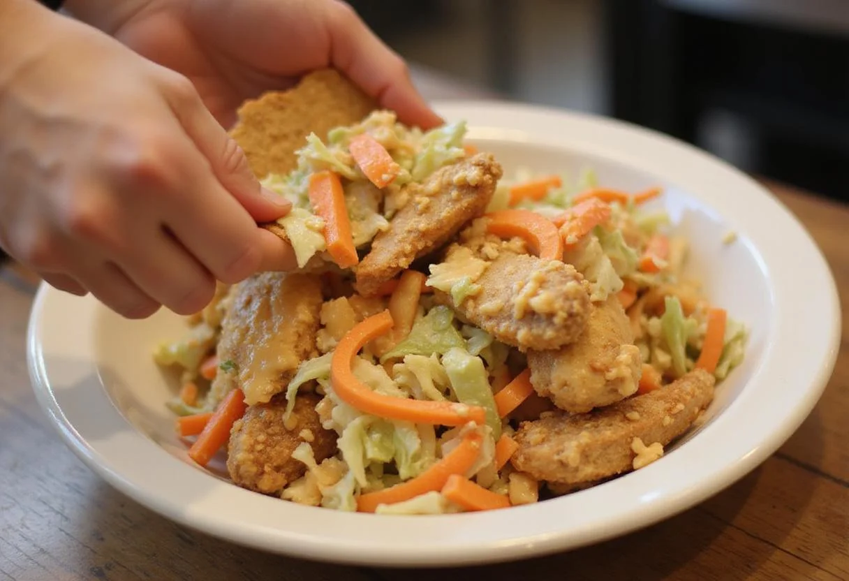 Preparing coleslaw as a refreshing side dish for chicken wings; vibrant colors of cabbage and carrots mixing together.