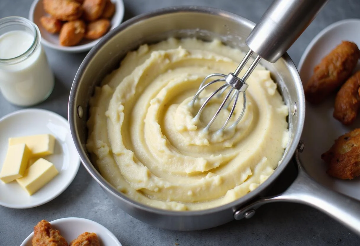 Creamy mashed potatoes being prepared as a delicious side dish for chicken wings; fluffy and buttery texture ready to serve.