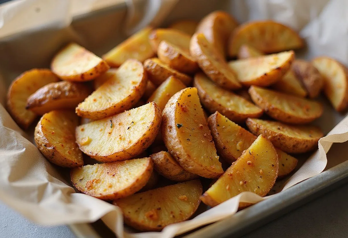 Seasoned potato wedges arranged as a perfect side dish for chicken wings; crispy and golden brown baking preparation.