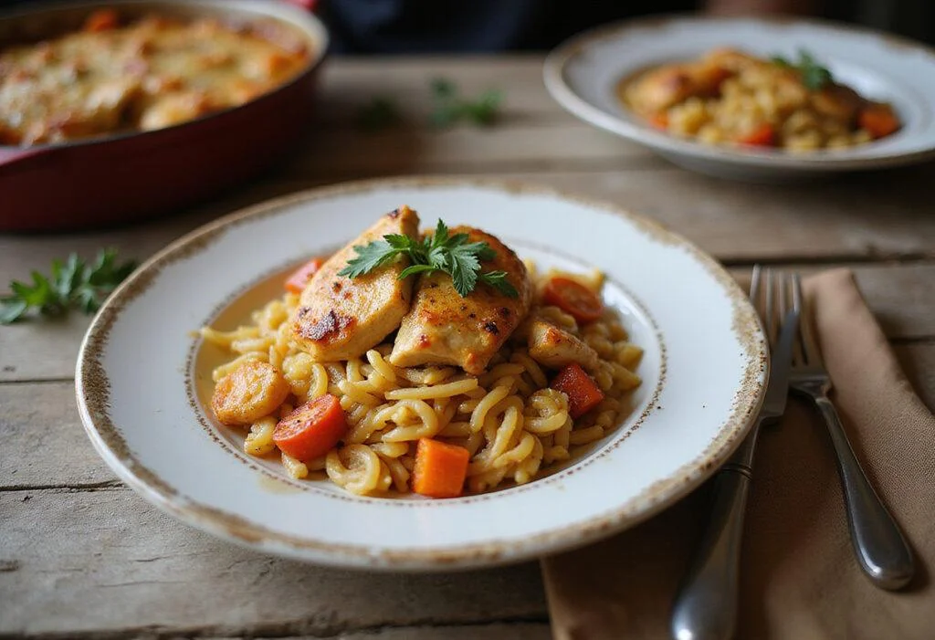 Ultimate chicken and orzo bake presentation, garnished with herbs, perfect for a comforting family meal.
