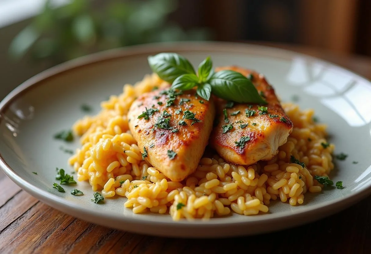 Ultimate chicken and orzo bake presentation, garnished with herbs, perfect for a comforting family meal.