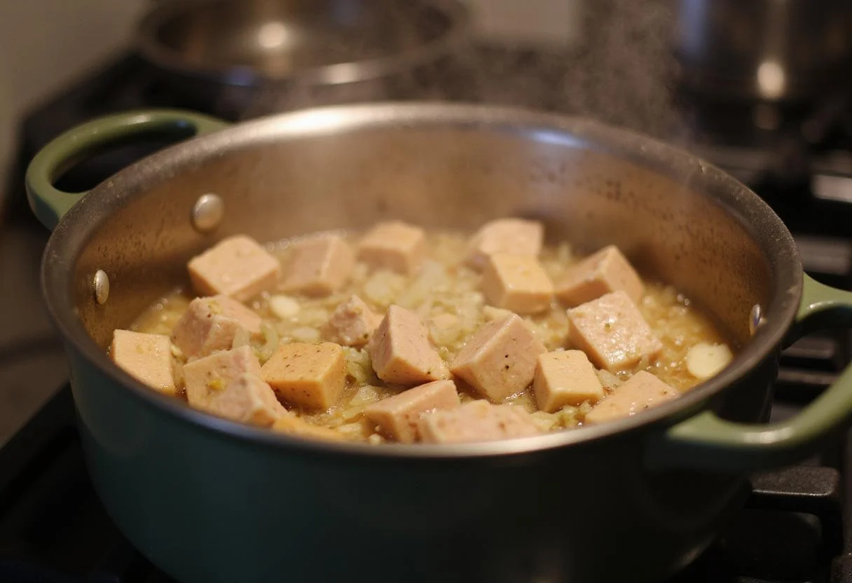 Delicious simmering chicken and orzo bake ingredients with garlic and onions for a perfect family dinner.