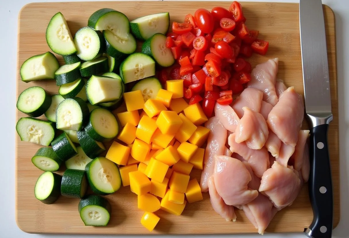 Freshly chopped vegetables ready for a savory chicken and orzo bake recipe, adding flavor and nutrition.