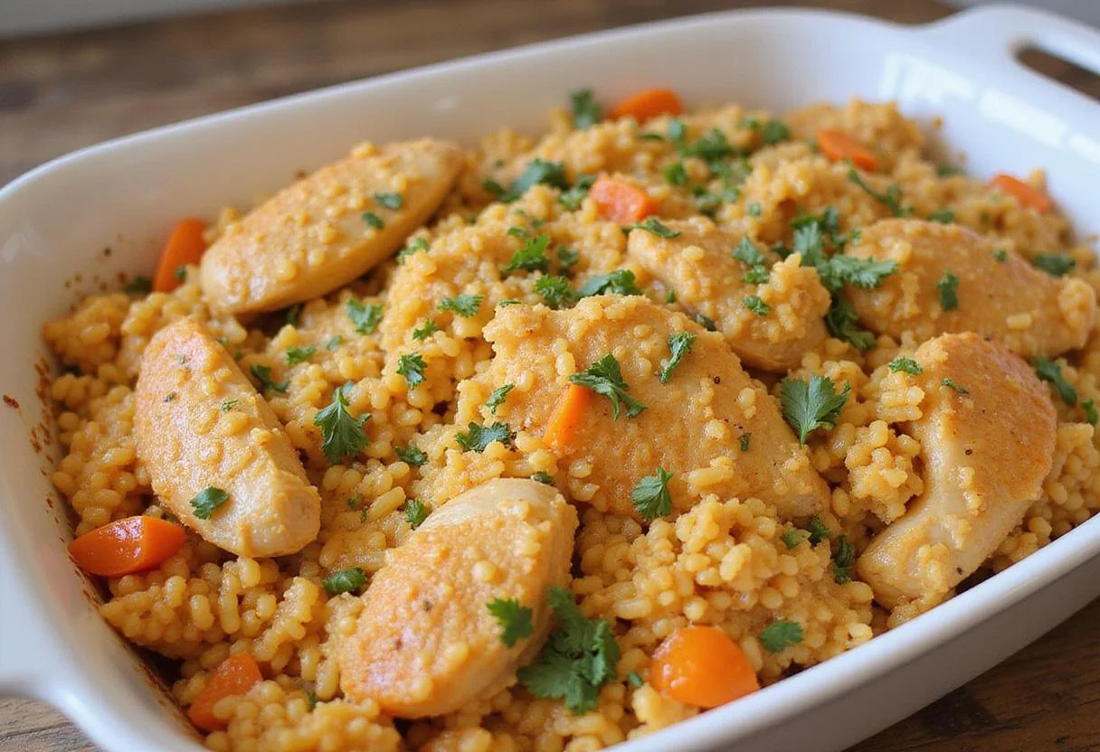 Prepared chicken and orzo bake being assembled in a dish, ready for the oven for a comforting meal.