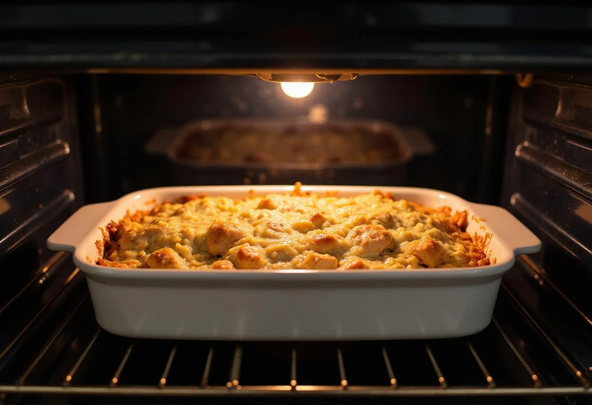 Golden and bubbling chicken and orzo bake in the oven, the perfect dish for a cozy family gathering.