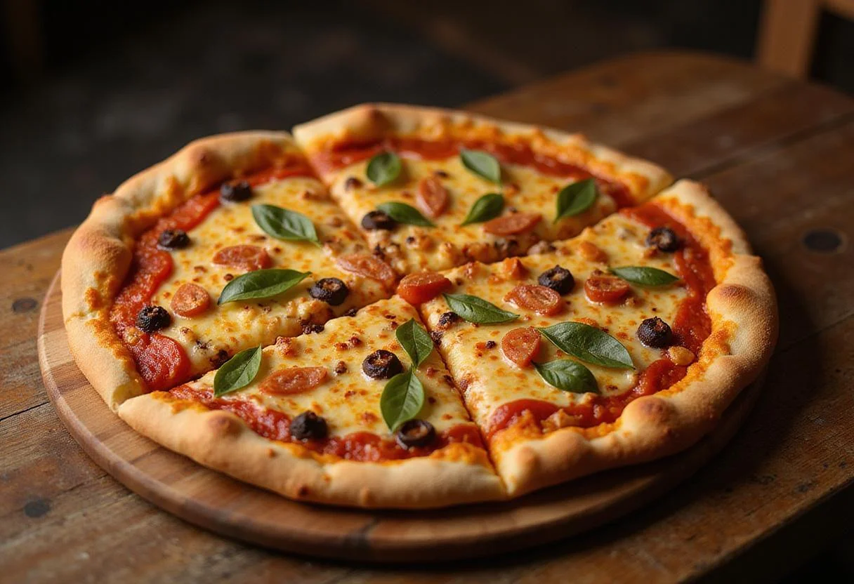 Deliciously baked classic Italian coppola pizza served on a wooden board, showcasing its perfect crust and fresh toppings.