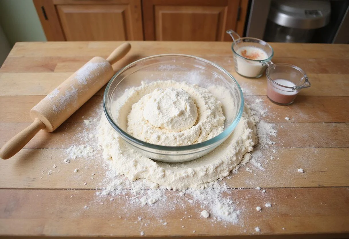 Preparing classic Italian coppola pizza dough with water, yeast, and flour on a wooden countertop.