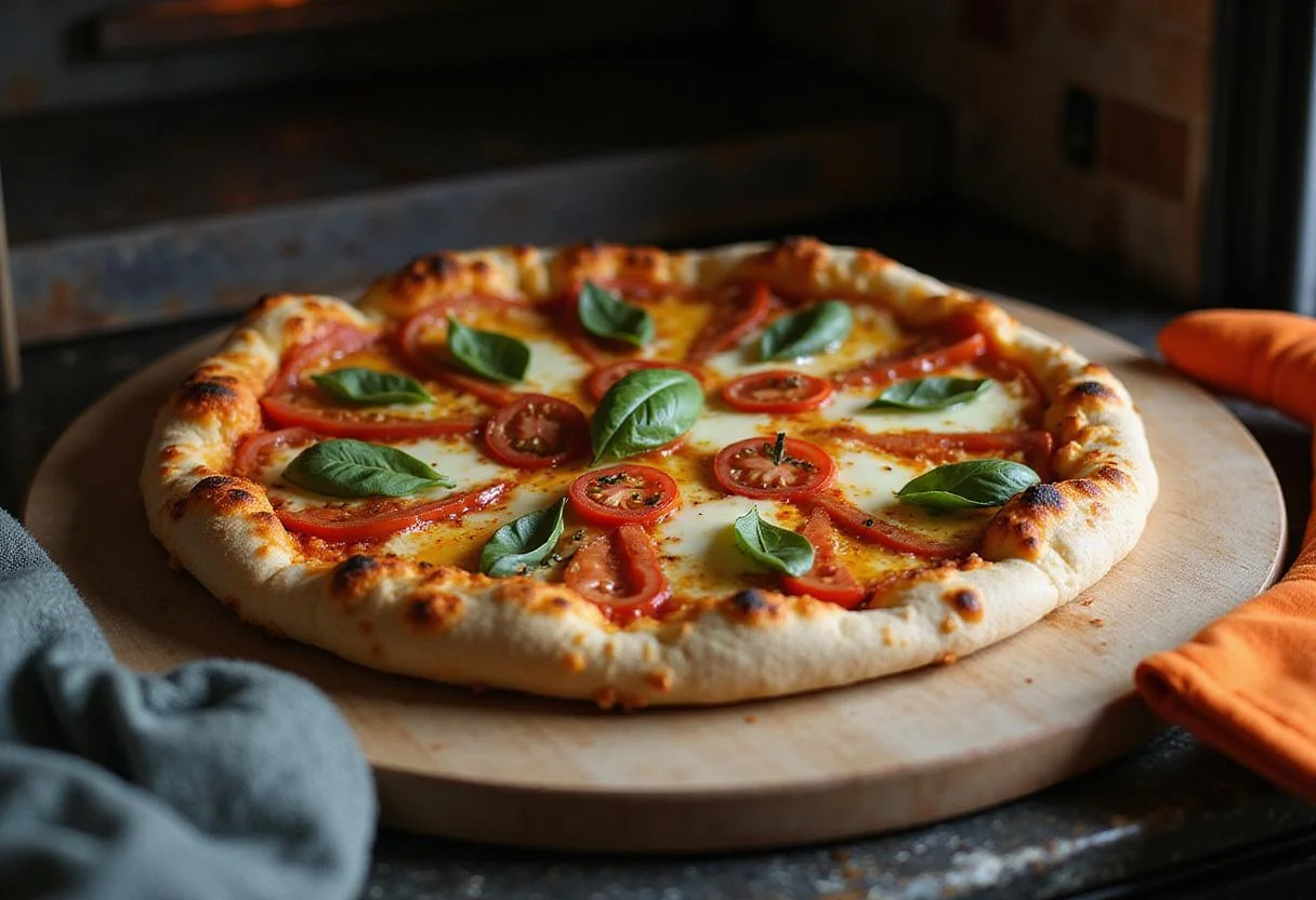 Topping classic Italian coppola pizza with fresh ingredients before baking in the oven.