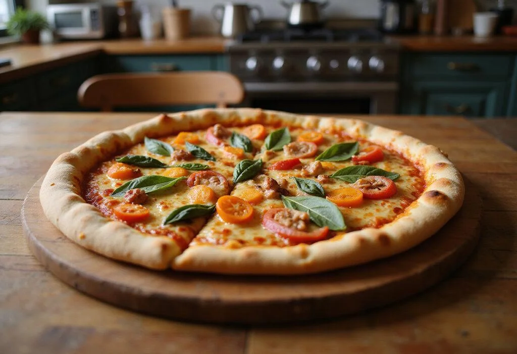 Serving a classic even odds pizza in Grafton, featuring a golden crust and colorful toppings, perfect for sharing with family and friends.
