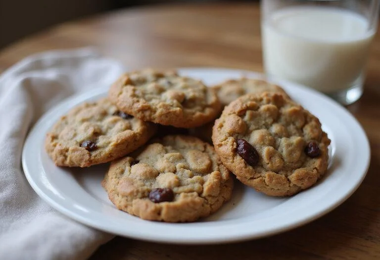 Deliciously baked classic oatmeal craisin cookies displayed on a plate, perfect for enjoying with a glass of milk.