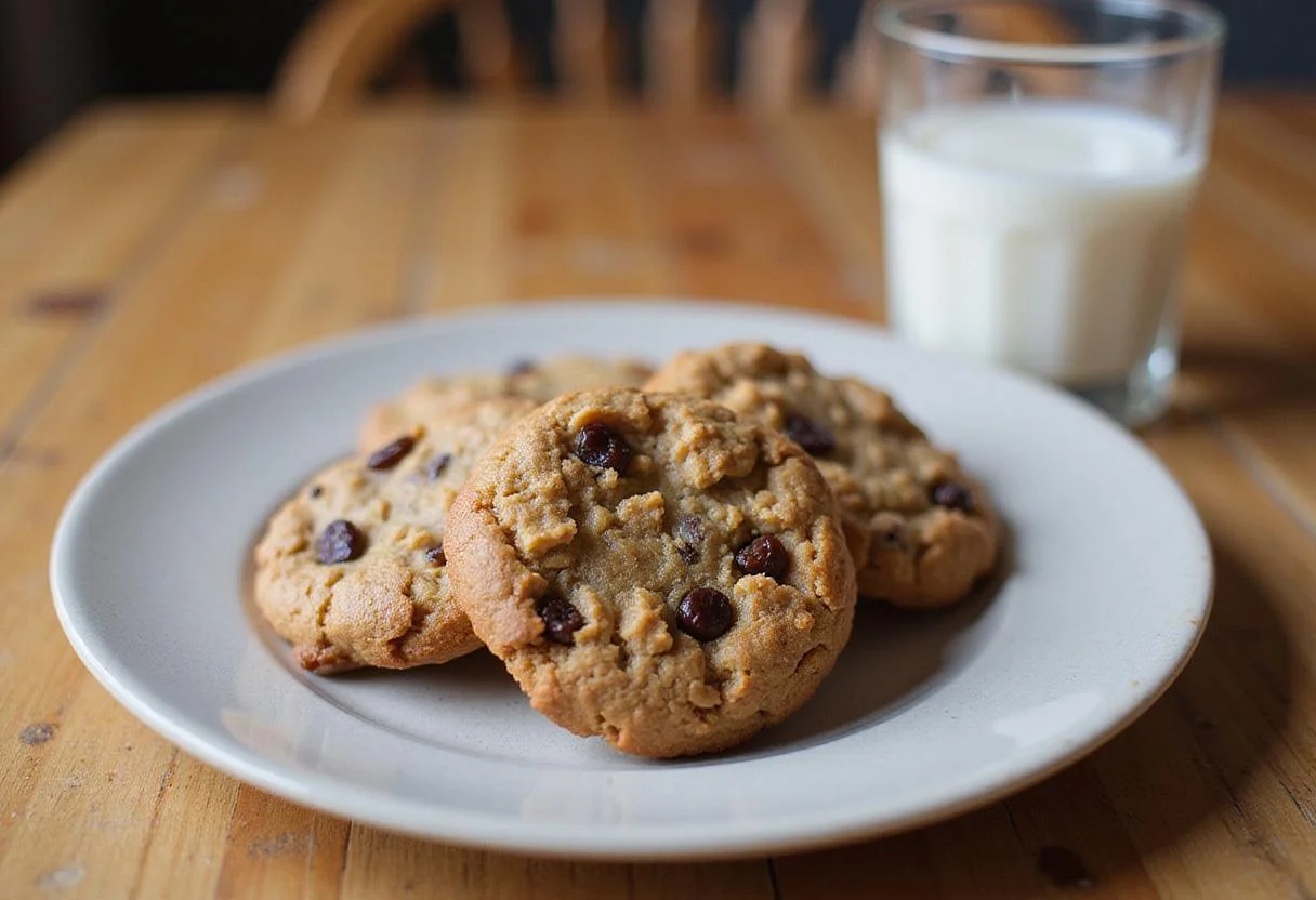 Deliciously baked classic oatmeal craisin cookies displayed on a plate, perfect for enjoying with a glass of milk.