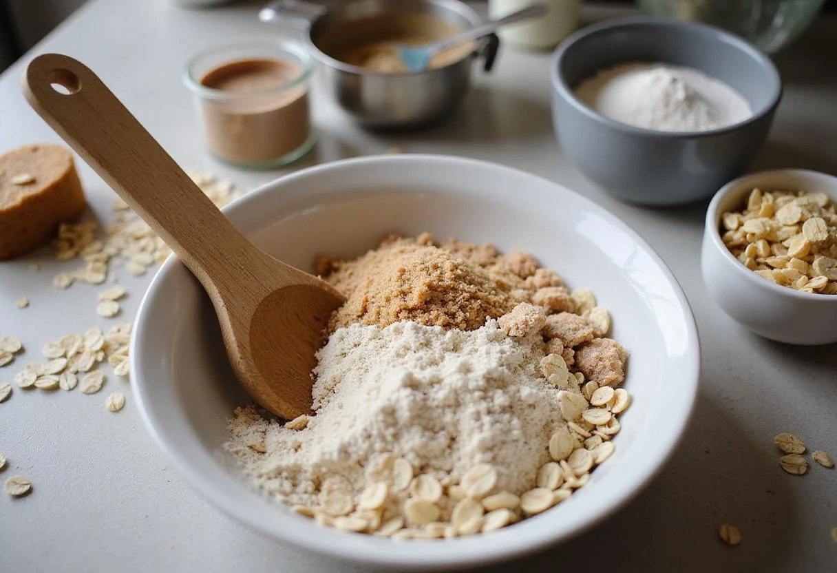 Ingredients for oatmeal craisin cookies including rolled oats, brown sugar, and flour being mixed in a bowl.