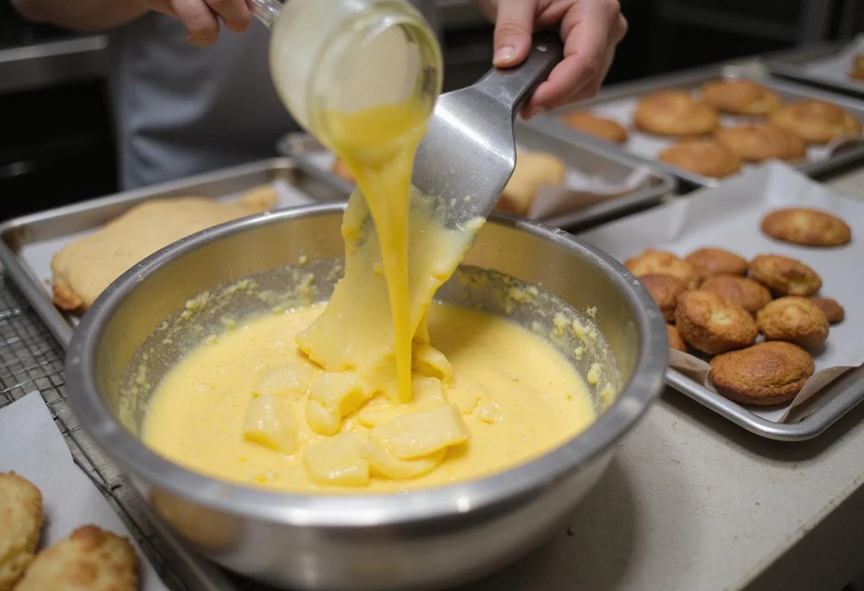 Melted butter being added to the mixture for oatmeal craisin cookies as a chef stirs in preparation.