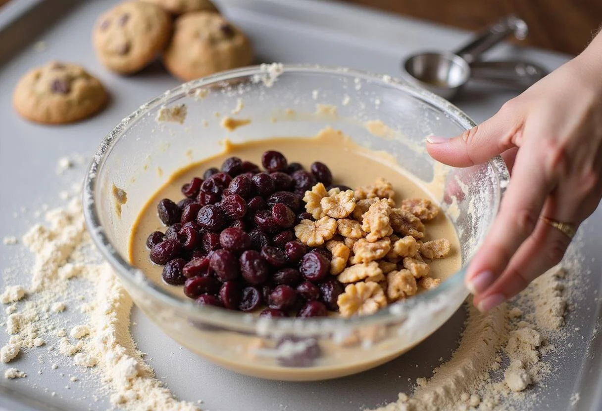 Craisins and walnuts being incorporated into the cookie batter for oatmeal craisin cookies, ready for baking.