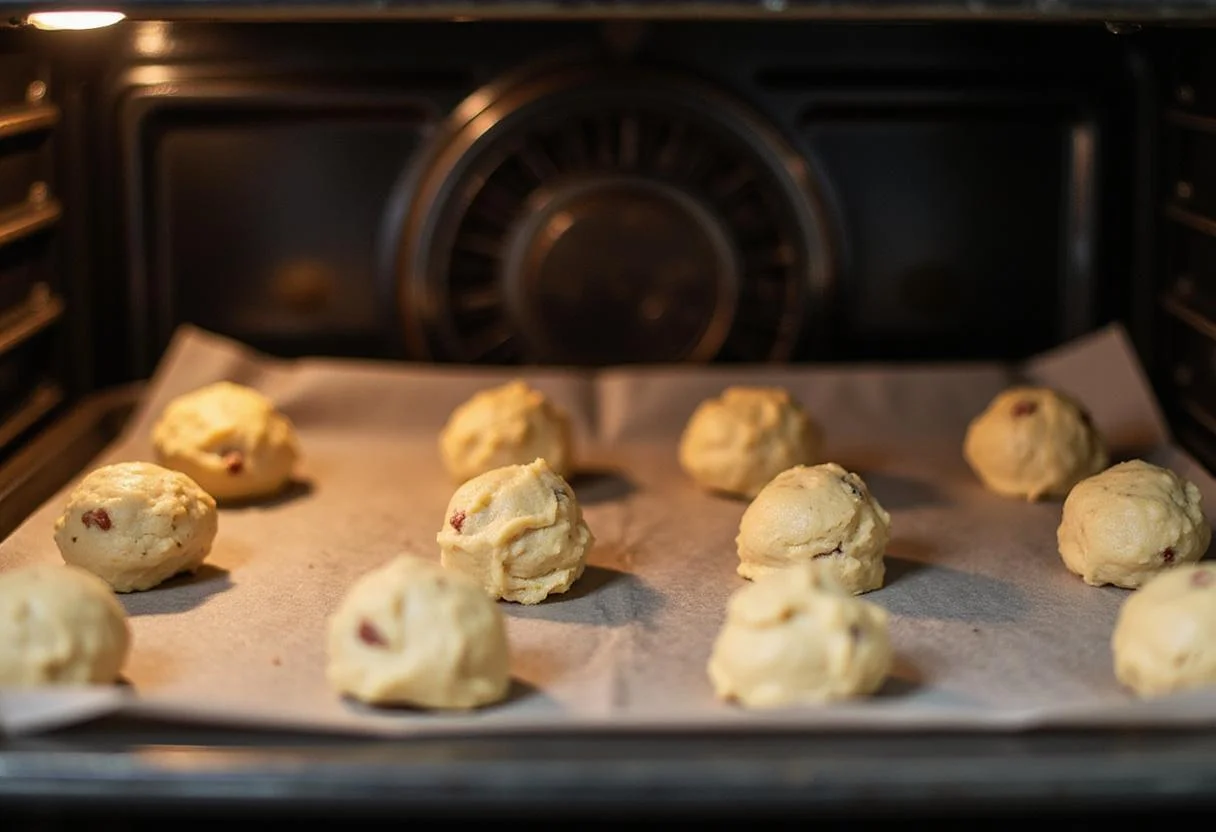Placing cookie dough balls on a baking sheet for oatmeal craisin cookies as they prepare to bake in the oven.