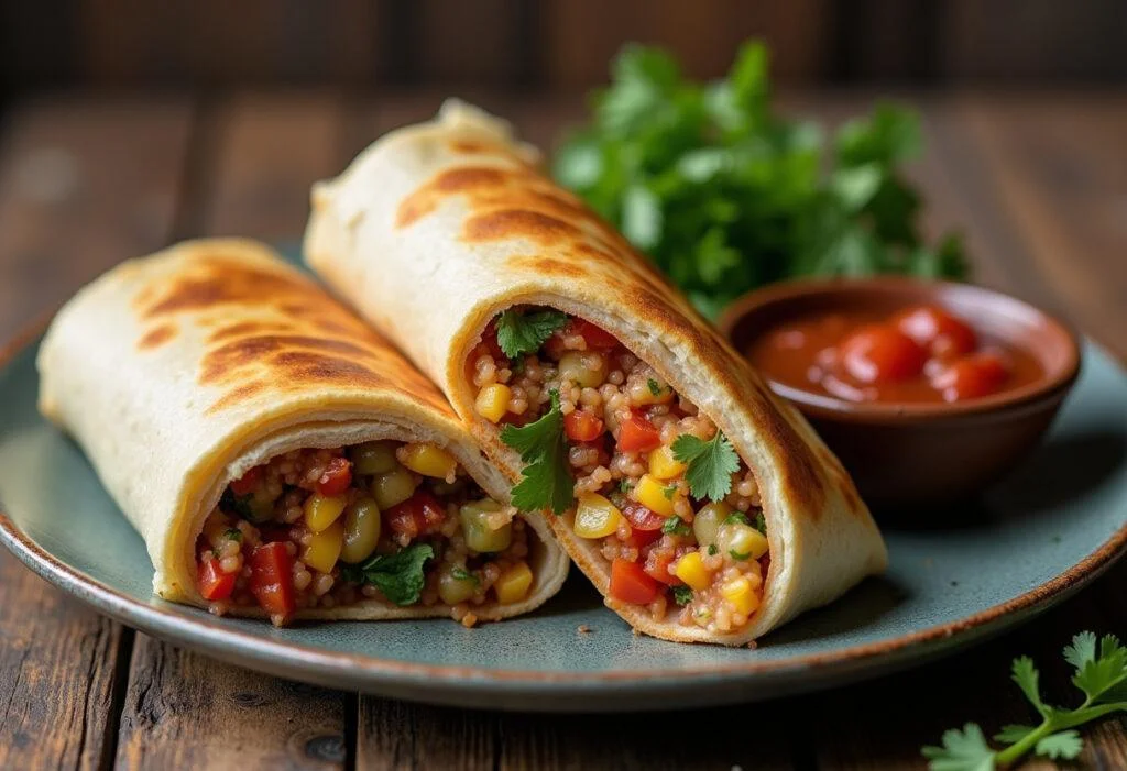 Beautifully presented classic savory burrito on a wooden table, cut in half with colorful filling, served with salsa and cilantro.
