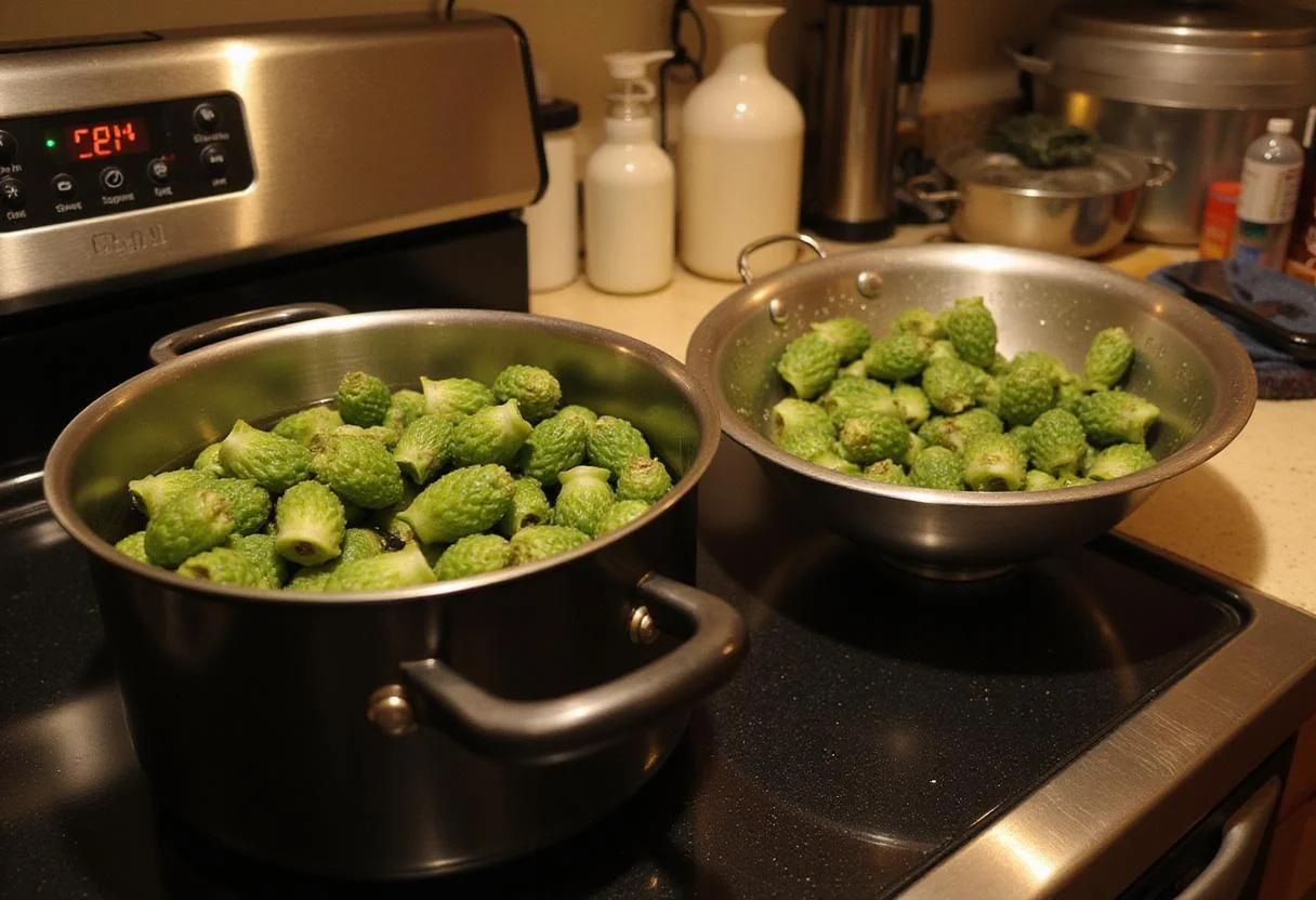 Preparing fresh fiddleheads for Cozy Neighborhood Fiddleheads Coffee in a warm kitchen atmosphere, showcasing a serene cooking scene.
