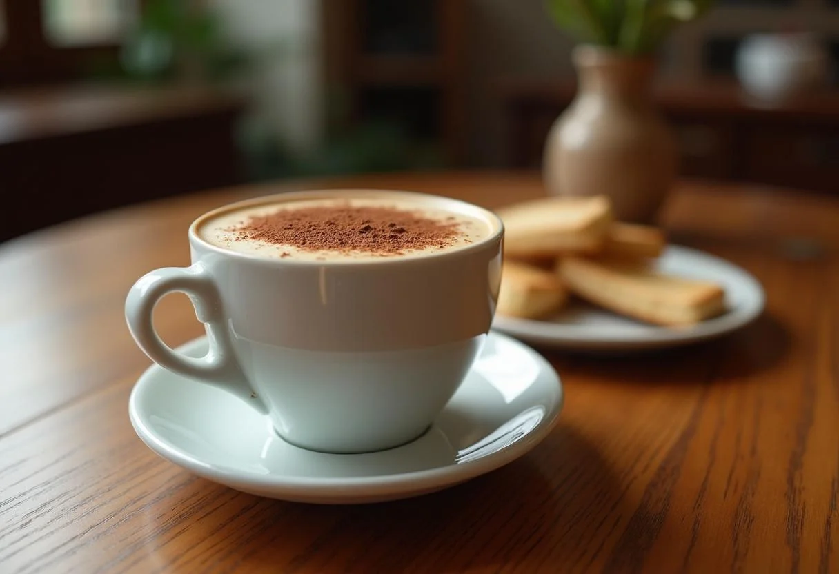 A charming presentation of Cozy Neighborhood Fiddleheads Coffee in a cozy setting, showcasing a delicious cup with garnishes and a side of biscotti.