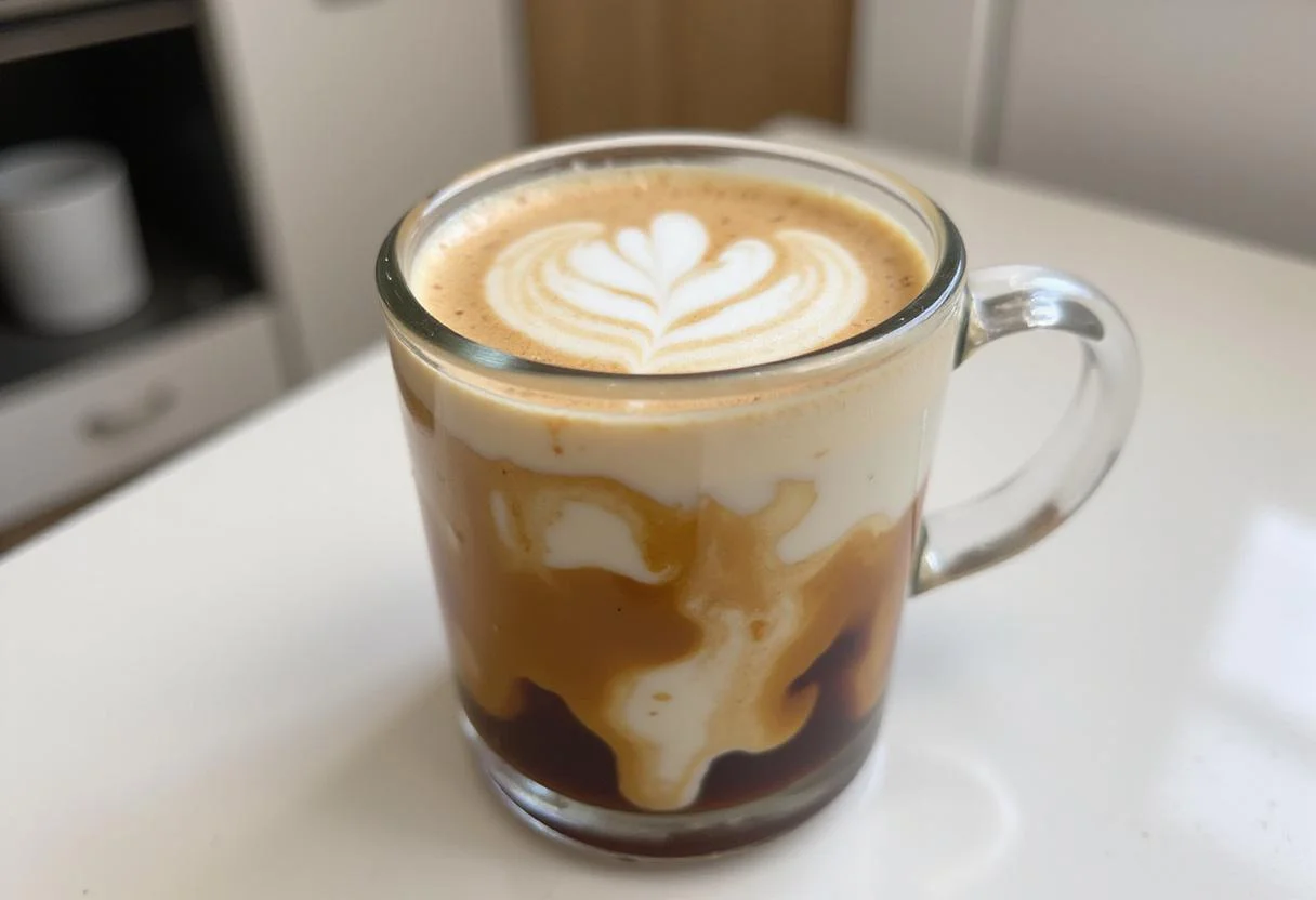 Pouring a creamy mixture over freshly brewed coffee in a glass mug, showcasing the delightful layers of Sheetz coffee indulgence.