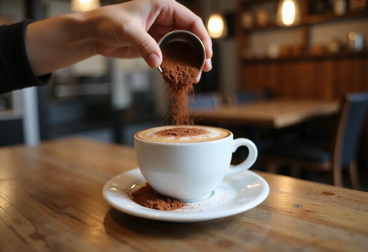Adding a cocoa powder garnish to creamy coffee for a perfect Sheetz coffee indulgence, enhancing the visual appeal.