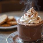 A rich and inviting mug of creamy hot chocolate indulgence, perfect for dipping, highlighted by whipped cream and cocoa for an irresistible treat.