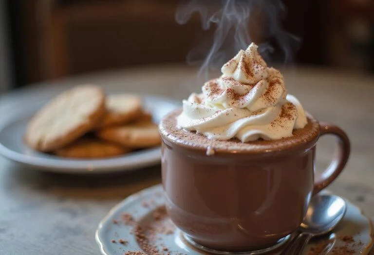 A rich and inviting mug of creamy hot chocolate indulgence, perfect for dipping, highlighted by whipped cream and cocoa for an irresistible treat.
