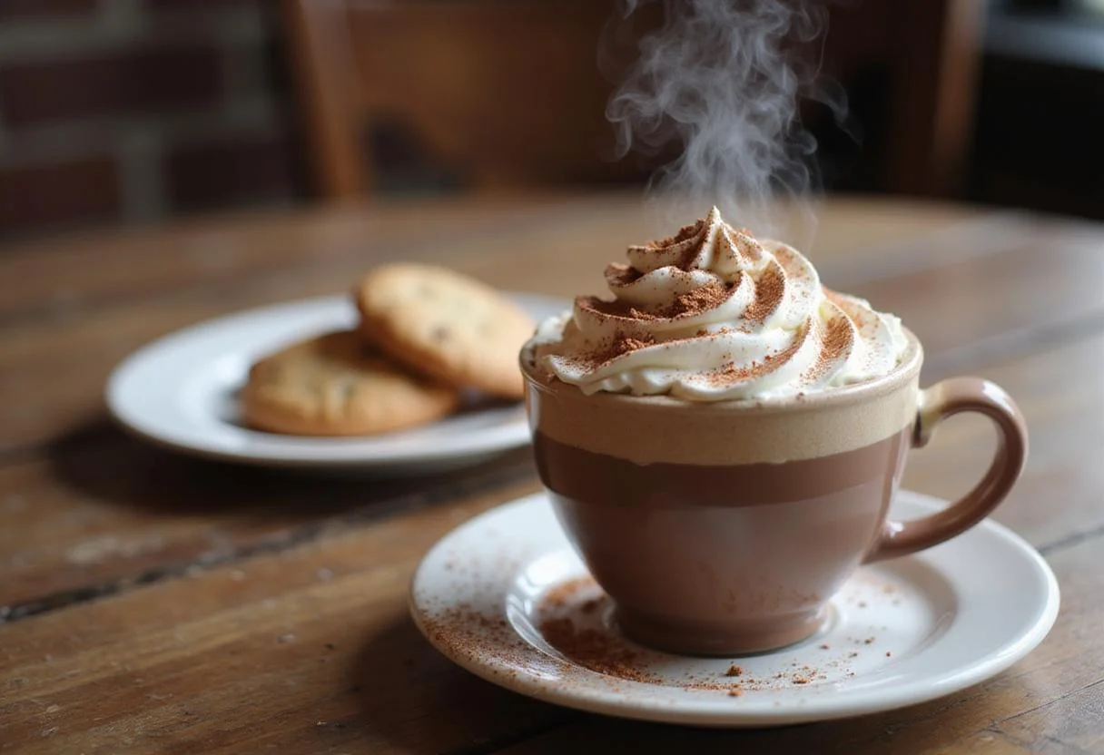 A rich and inviting mug of creamy hot chocolate indulgence, perfect for dipping, highlighted by whipped cream and cocoa for an irresistible treat.