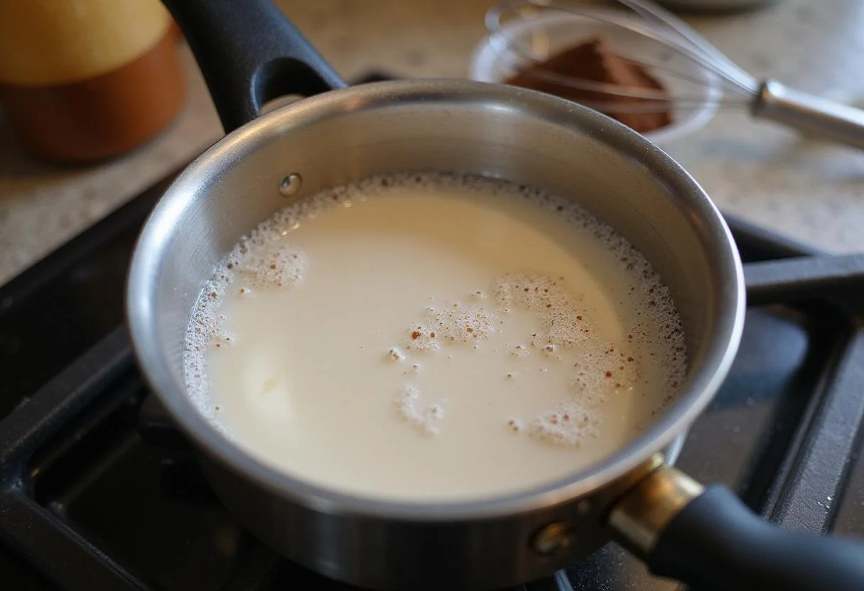 Hot chocolate preparation with milk heating in a pot and cocoa powder ready for mixing, ideal for creamy hot chocolate indulgence.