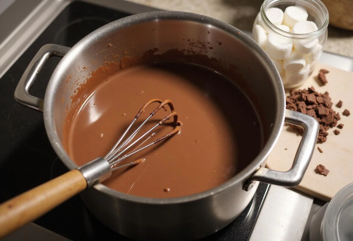 Stirring melted chocolate in a pot for hot chocolate dip, showcasing a creamy texture with chocolate shavings for a decadent treat.