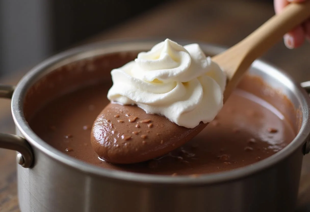 Adding whipped cream to hot chocolate preparation, enhancing the creamy texture for a delightful hot chocolate dip.
