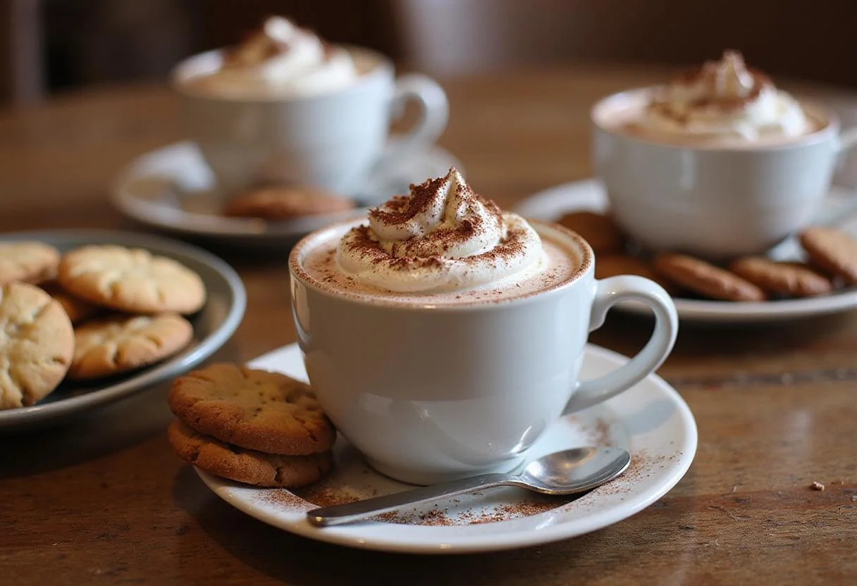 Serving creamy hot chocolate in mugs with whipped cream, perfect for dipping cookies, displaying a festive and inviting treat.