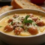 Bowl of Creamy Sausage Parmesan Delight garnished with parmesan and herbs, showcasing a delicious creamy Italian sausage soup ready to enjoy.