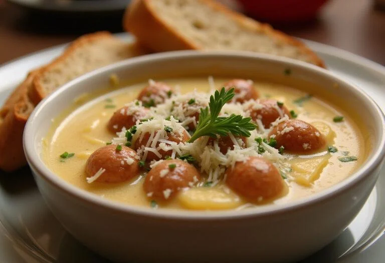 Bowl of Creamy Sausage Parmesan Delight garnished with parmesan and herbs, showcasing a delicious creamy Italian sausage soup ready to enjoy.