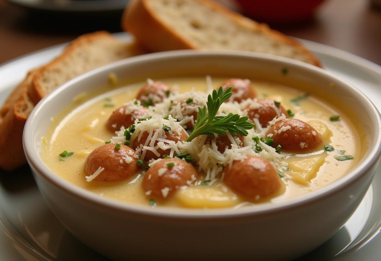 Bowl of Creamy Sausage Parmesan Delight garnished with parmesan and herbs, showcasing a delicious creamy Italian sausage soup ready to enjoy.