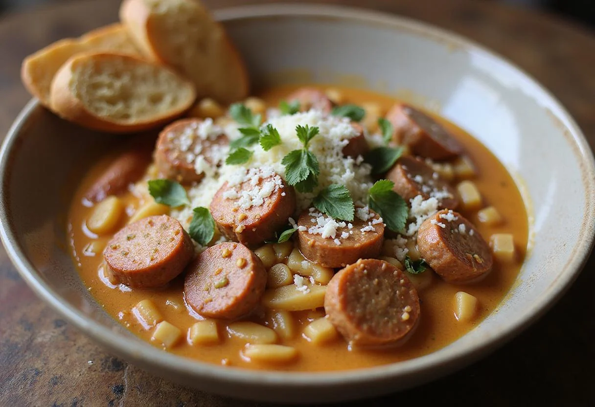Bowl of Creamy Sausage Parmesan Delight garnished with parmesan and herbs, showcasing a delicious creamy Italian sausage soup ready to enjoy.