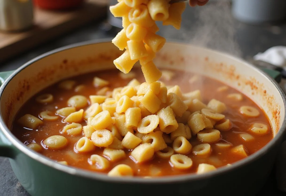 Ditalini pasta being added to creamy parmesan Italian sausage soup, enhancing the hearty texture of the dish.