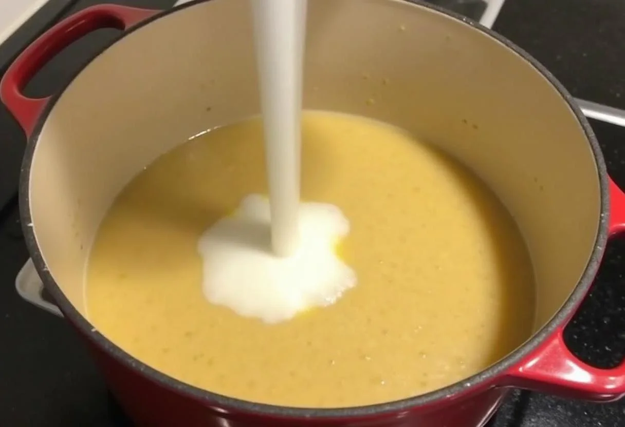 Stirring heavy cream into the creamy parmesan Italian sausage soup, creating a rich and indulgent texture.
