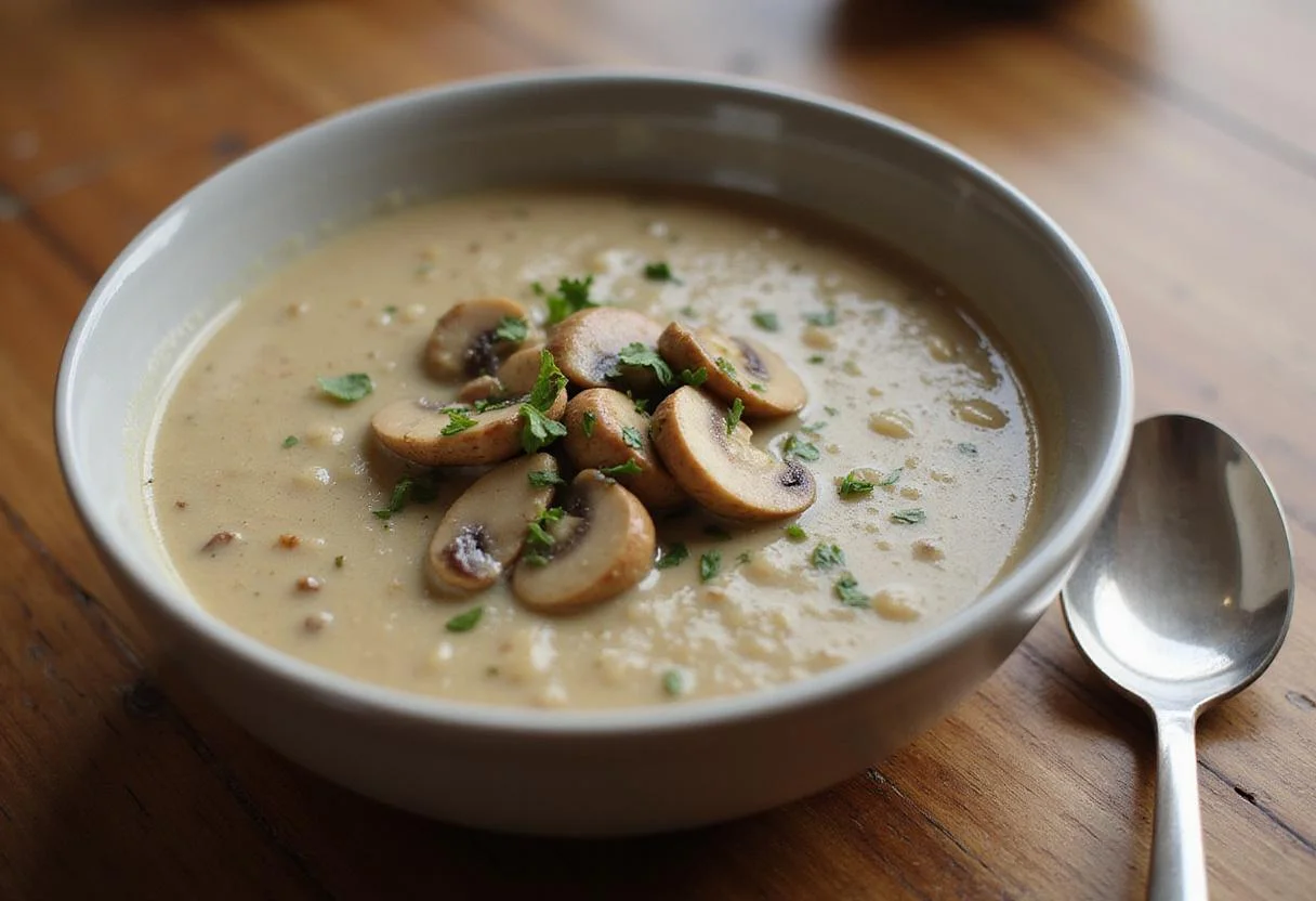 Delicious dairy free cream of mushroom soup served in a bowl, garnished with herbs, perfect for a warm and comforting meal.