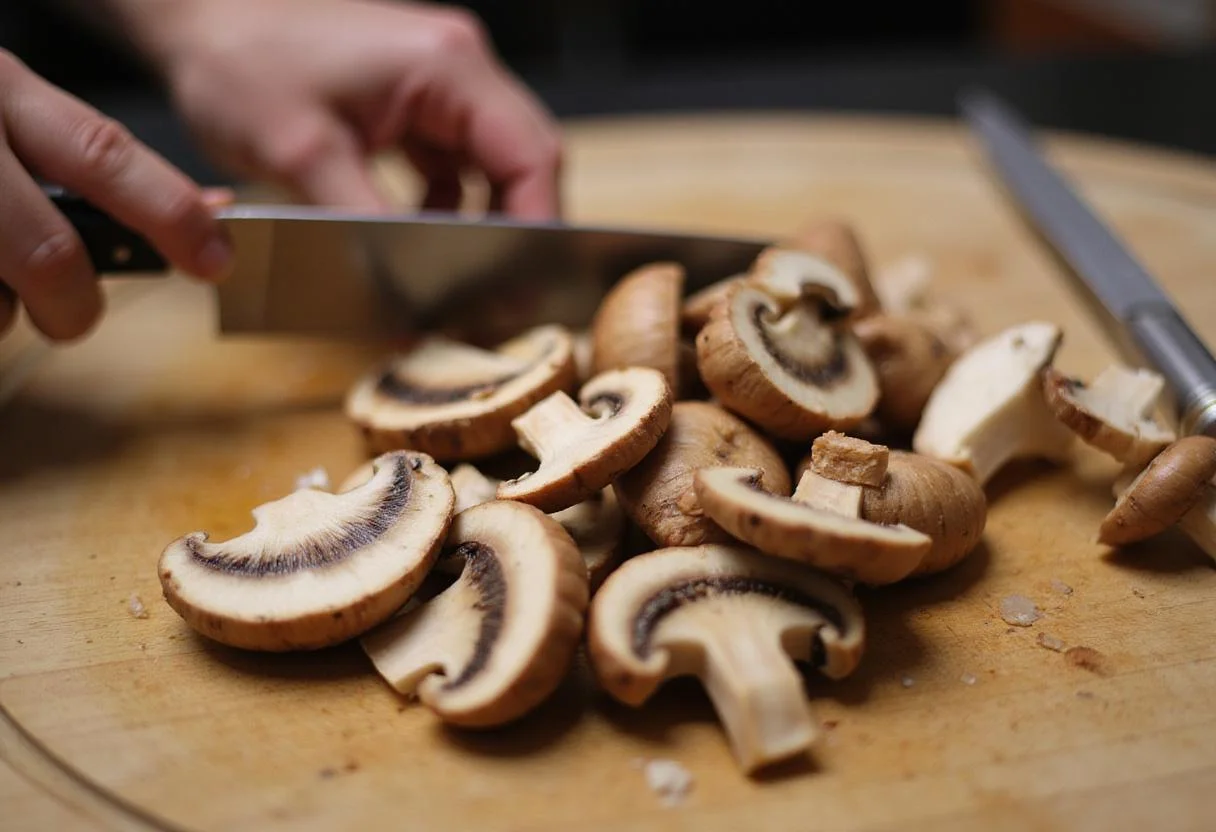Fresh mushrooms sliced for dairy free cream of mushroom soup preparation, enhancing the texture and flavor of the dish.