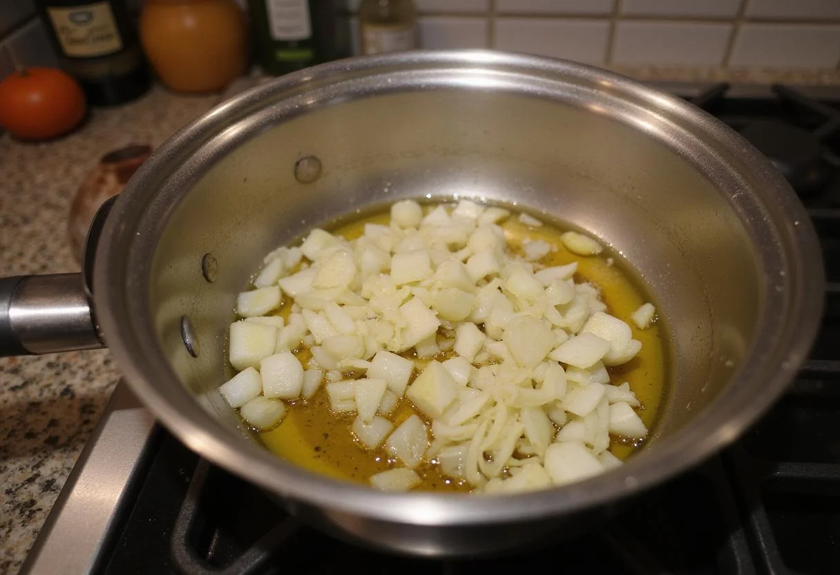 Onions and garlic sautéing in olive oil for a delicious dairy free cream of mushroom soup, building flavorful foundation.