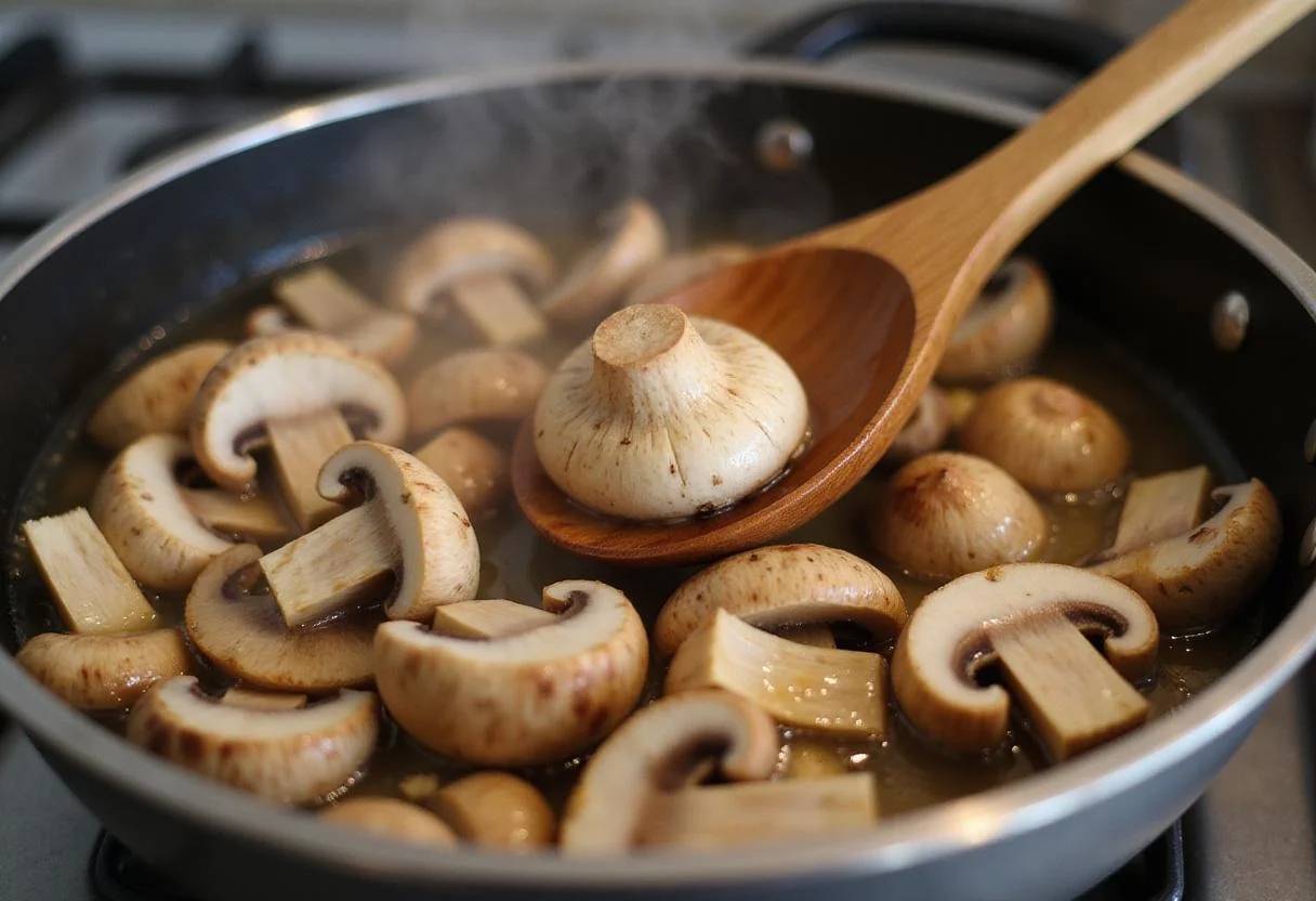 Cooking mushrooms in a pot for dairy free cream of mushroom soup, showcasing the cooking process and rich flavors developing.