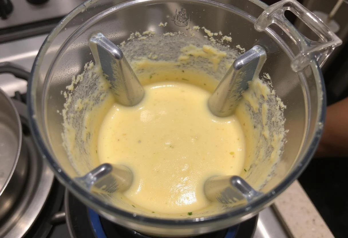 Blending the soup for a smooth and creamy texture in dairy free cream of mushroom soup preparation, creating a velvety finish.