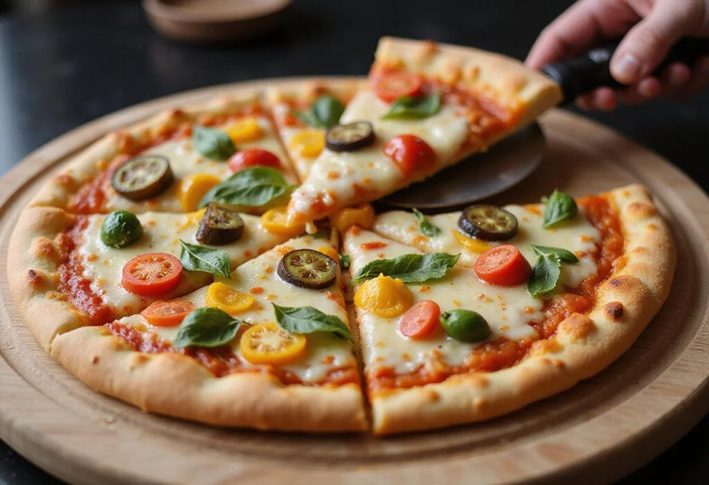 Delicious dairy-free gluten-free pizza with fresh toppings served on a wooden board - the perfect gluten free dairy free pizza.