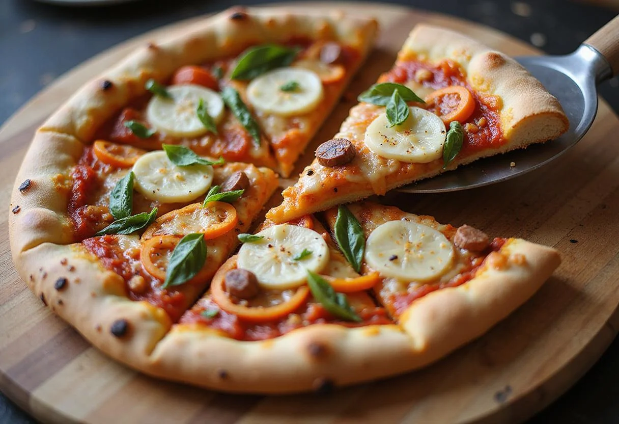 Delicious dairy-free gluten-free pizza with fresh toppings served on a wooden board - the perfect gluten free dairy free pizza.